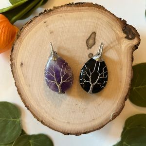 Black obsidian tree of life tear drop pendant